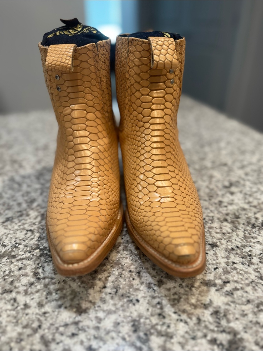 Freebird Faith Tan Embossed Snake Ankle Booties